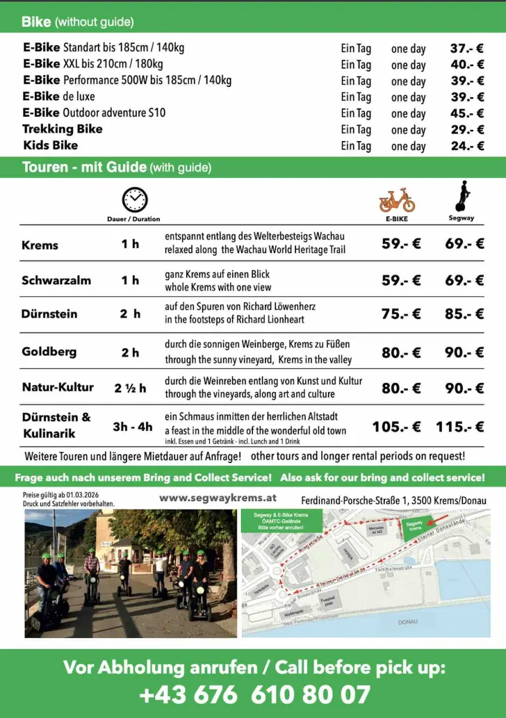 Preisliste: E-Bikes ohne Guide und Touren mit Guide, E-Bike- und Segway-Preise
