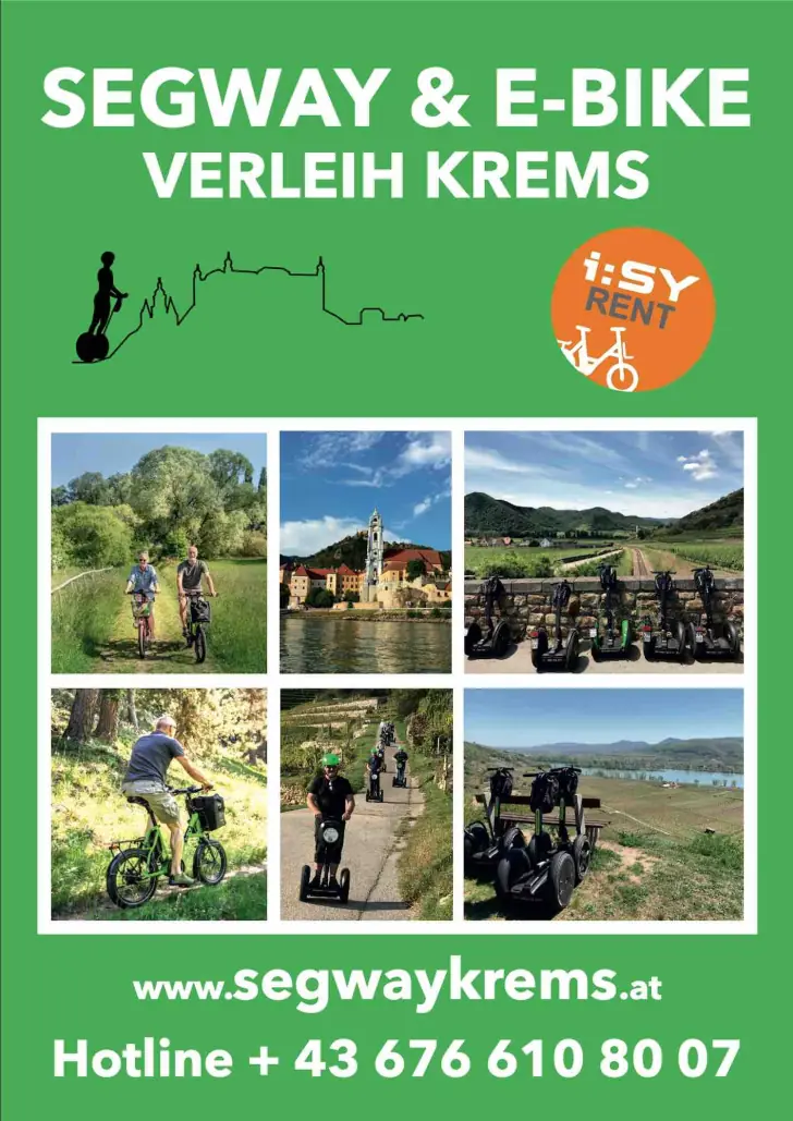 Flyer Segway & E-Bike Verleih Krems mit Fotos der Touren und der Hotline