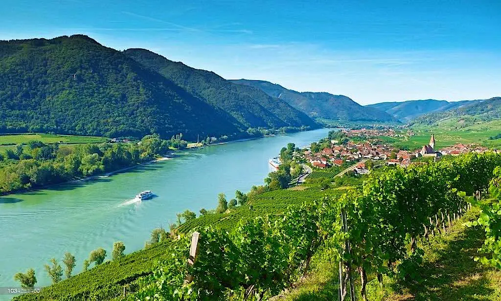 Blick über die Weingärten auf die Donau mit einem Ausflugsschiff und einem Ort in der Wachau
