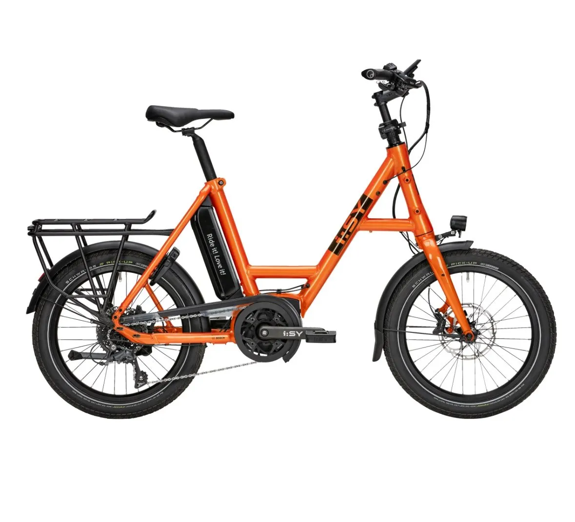 i:SY E-Bike in Orange mit kleinen Rädern, Gepäckträger und tiefem Einstieg