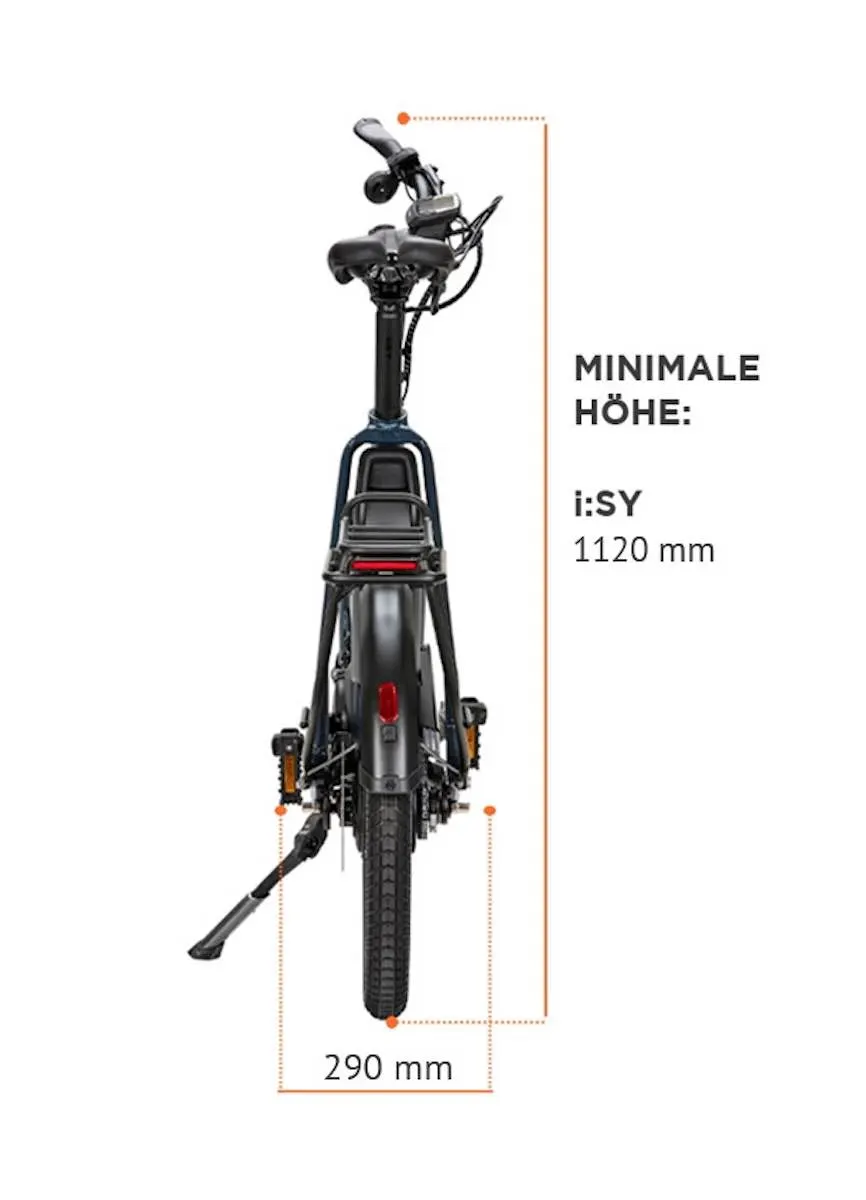 i:SY E-Bike von hinten mit eingeklappten Pedalen: minimale Höhe 1120 mm, Breite 290 mm