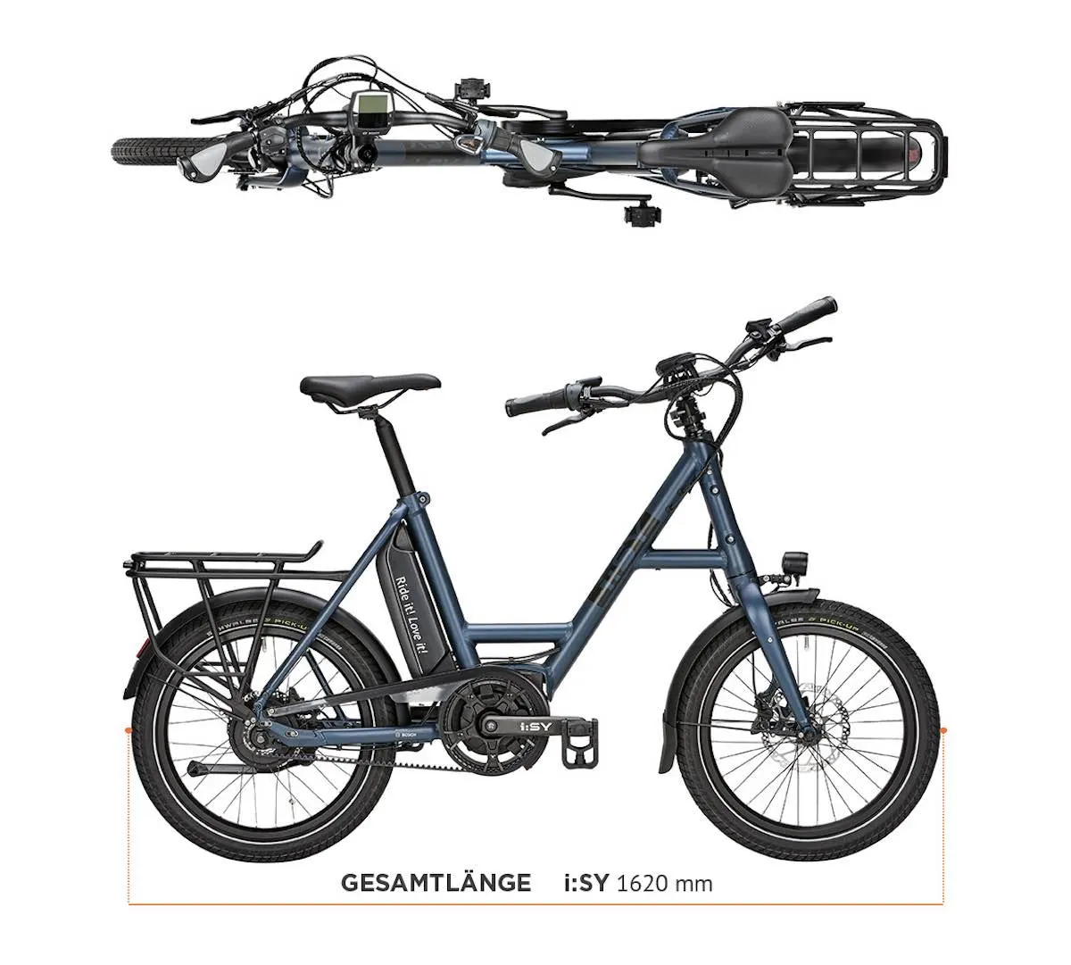 i:SY E-Bike von oben und von der Seite, Gesamtlänge 1620 mm