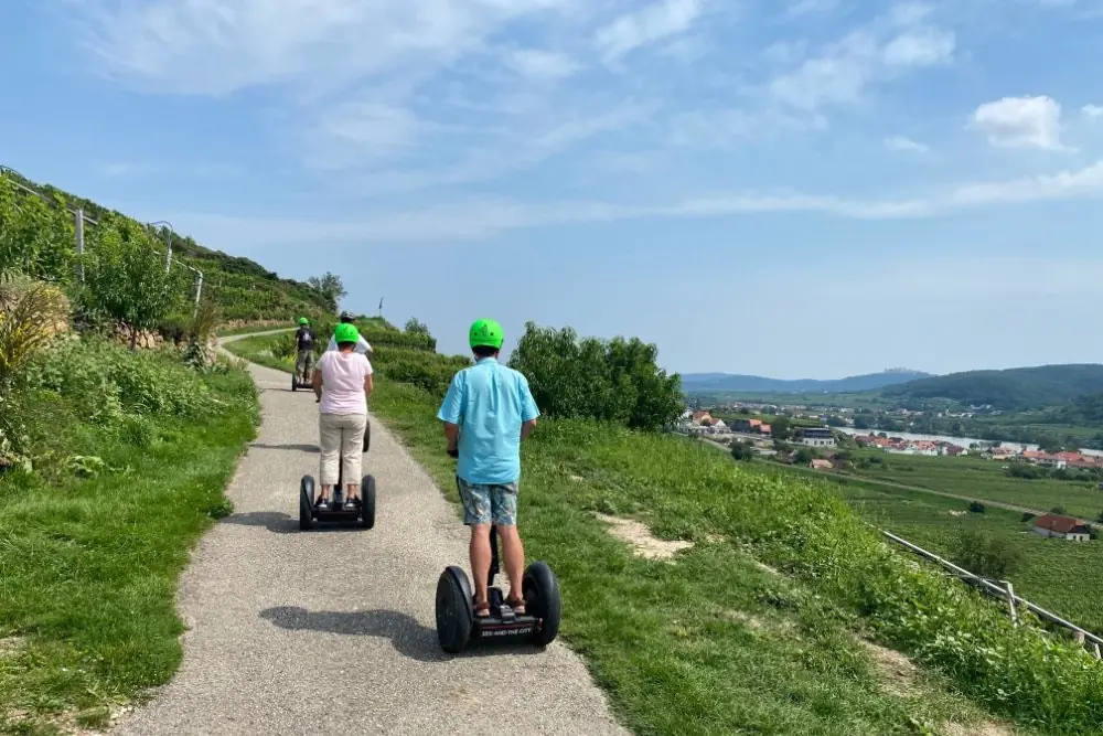 Segway-Fahrer mit grünen Helmen auf einem Weg durch die Weinberge, im Tal die Donau