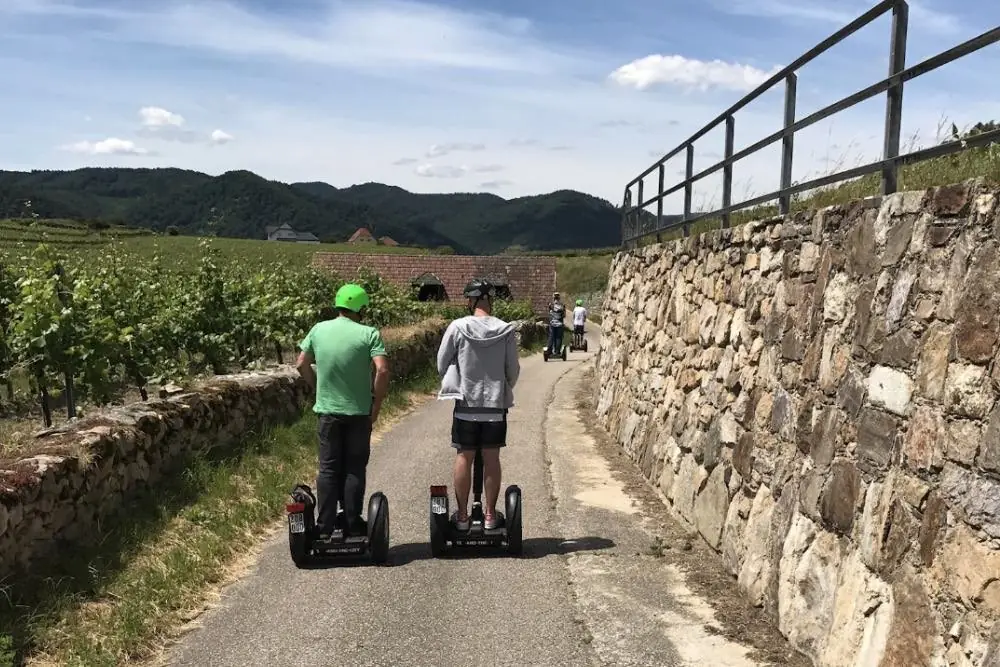 Zwei Segway-Fahrer auf einem Weg zwischen Steinmauer und Weingarten